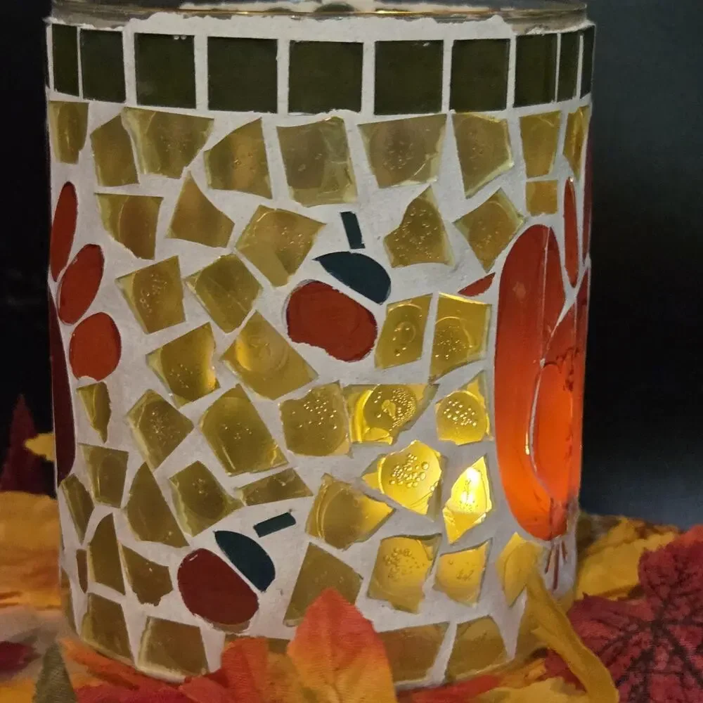 Mosaic Glass Turkey Tealight Candle Holder Orange Red Thanksgiving Centerpiece